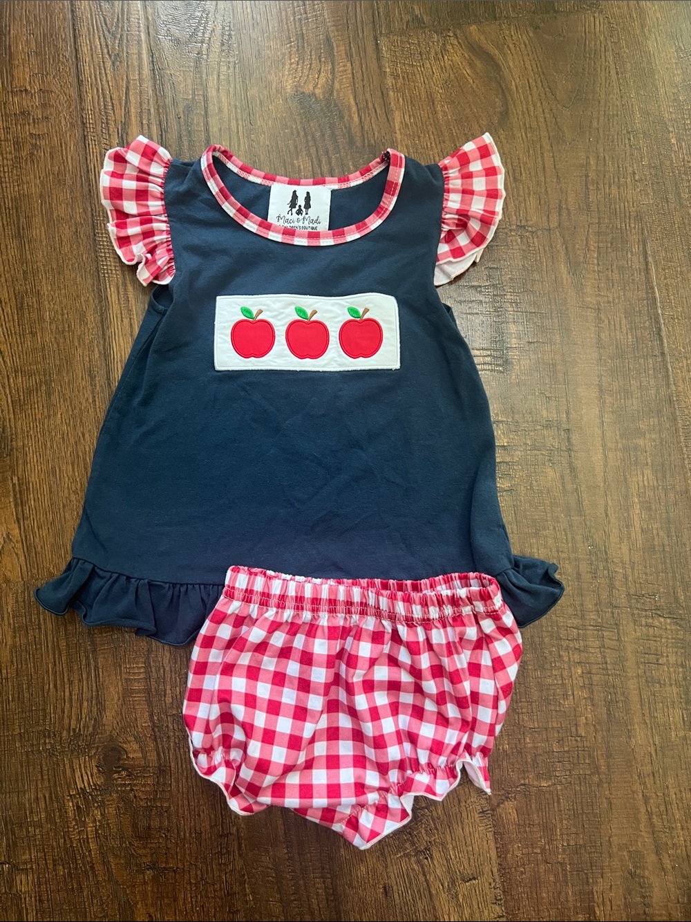 Boutique Navy Apple Appliqué Bloomer Set with Red Gingham